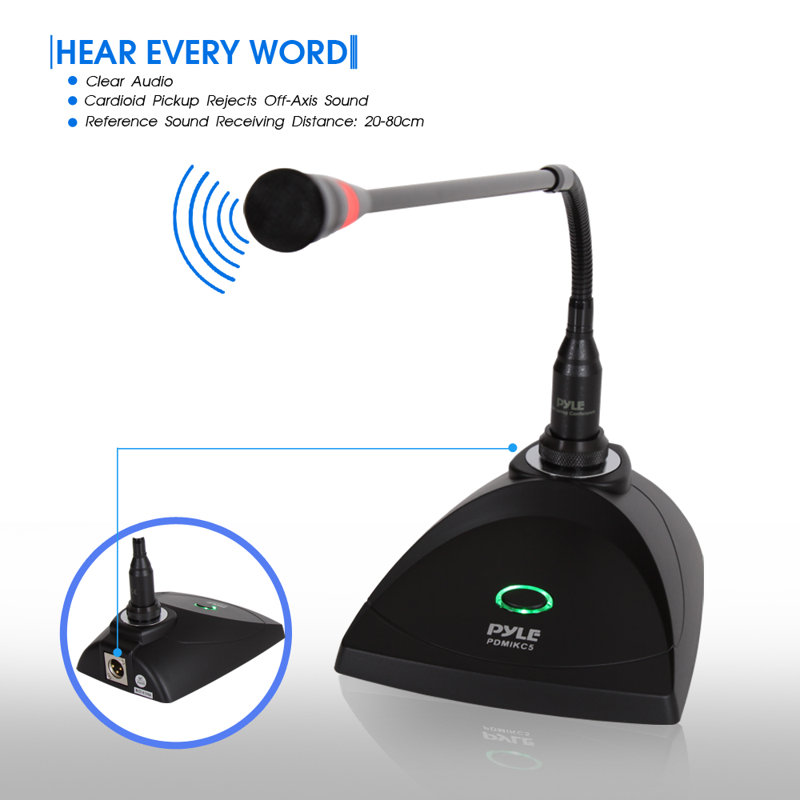 Système de microphone à fil de bureau à col-de-cygne de bureau - Micro à condensateur de voix câblé avec filtre à bruit de table - Cordon de son XLR à 1/4 po - Pour karaoké, conférence, studio audio - Pyle PDMIKC5 noir
