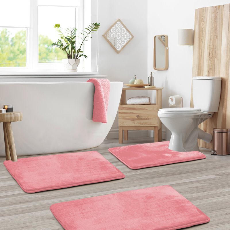 Aighan 3 Piece Ultra Soft and Absorbent Memory Foam Bath Rug Set with Non-Slip Backing, Coral Pink