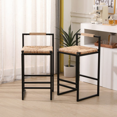 Set Of 2 Water Hyacinth Woven Bar Stools With Back Support Counter Height Dining Chairs For Kitchen, Home, Office