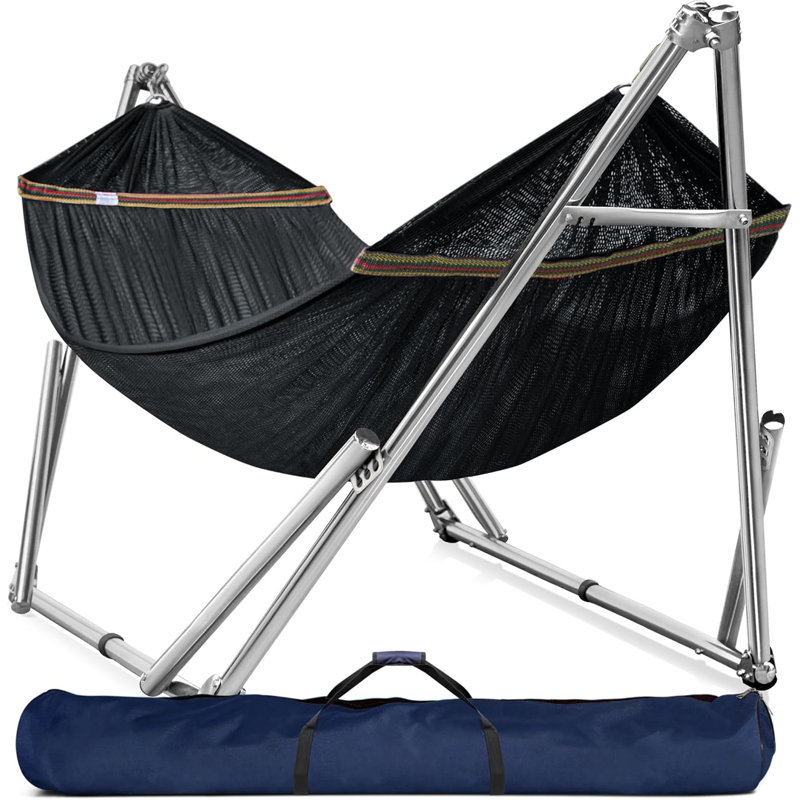  Double Hammock with Stand 650lb Capacity Double Hammock with Spreader Bar, Solid Grade 201 Stainless Steel 30s Set Up, Sturdy Flexible Hammock Stand Portable, Outdoor Indoor, Black