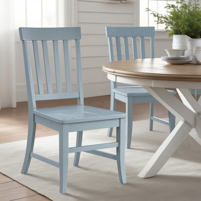 Slat Back Solid Wood Dining Chair in Light Blue Finish