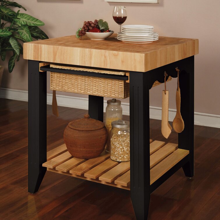 Behling Solid Butcher Block Kitchen Island with Baskets and Storage Shelf