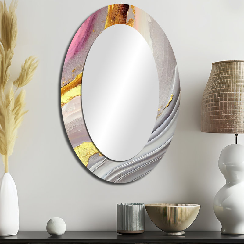 Pink And Gold Marble Abstract VII - Large Oval Wall Mirror On Metal, 36" x 24"