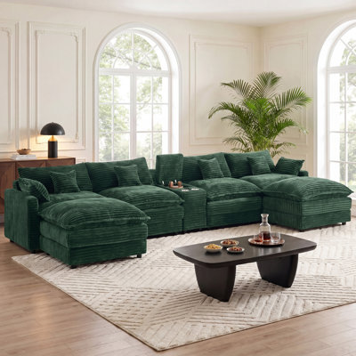  141" 7-Piece U-Shaped Corduroy Sectional Sofa with Storage Console, Dual Cup Holders & USB Ports, Oversized 6-Seater Cloud Couch for Living Room,Green