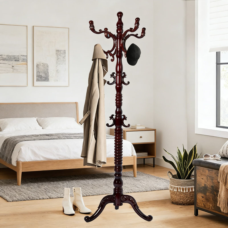 Freestanding Wood Coat Rack With 14 Hooks, Sturdy Tri-Leg Base, Adjustable Height For Entryway, Hallway, And Bedroom Organization