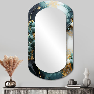 Eddyville Gold and white flowers on Blue stone IV - Stone Geode Asymmetrical Unique Wall Mirror Decor, Gold Cylinder Large Mirror, Printed Metal Art
