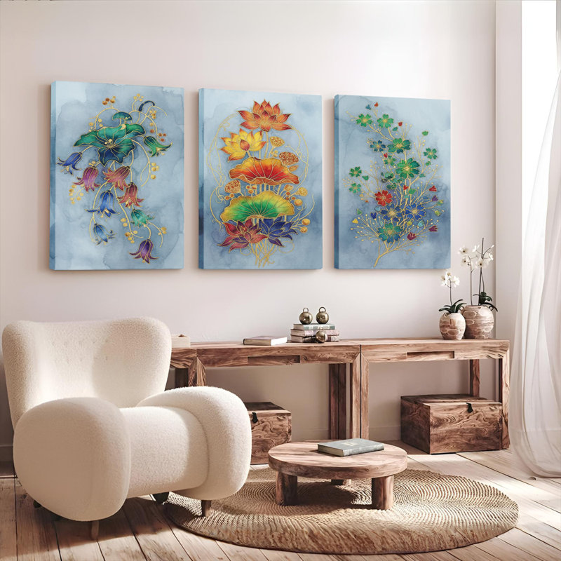 Ensemble de 3 tableaux muraux sur toile à motif floral et botanique, H 36 po x l 72 po