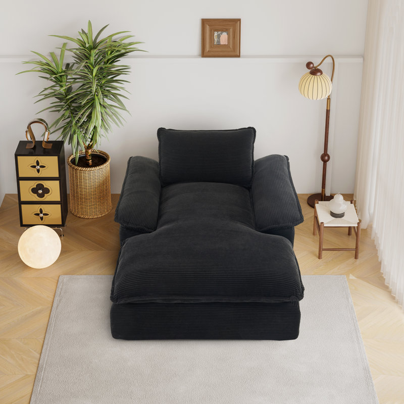 Chaise longue en velours côtelé, coussin et dossier amovibles, siège très large, aucun assemblage requis, Noir