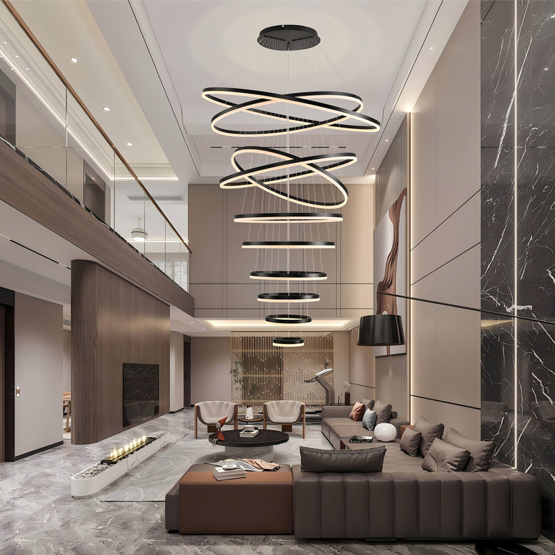 Modern Led Rings Chandelier Dimmable High Ceiling Chandelier Foyer Chandelier, 236" H x 47" W x 47" D, Matte Black