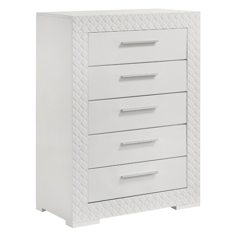 Commode haute 5 tiroirs Dema, garniture texturée blanche ultrabrillante