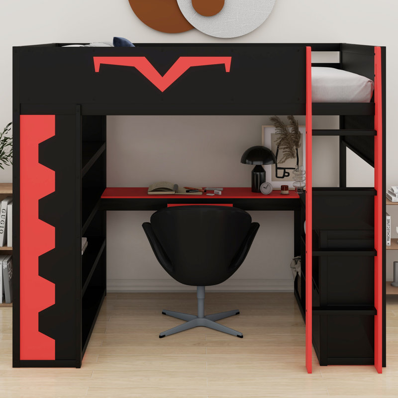 Lit mezzanine avec bureau Pro Gamer, lumières RVB, tablettes, panneau perforé et tiroir, Rouge