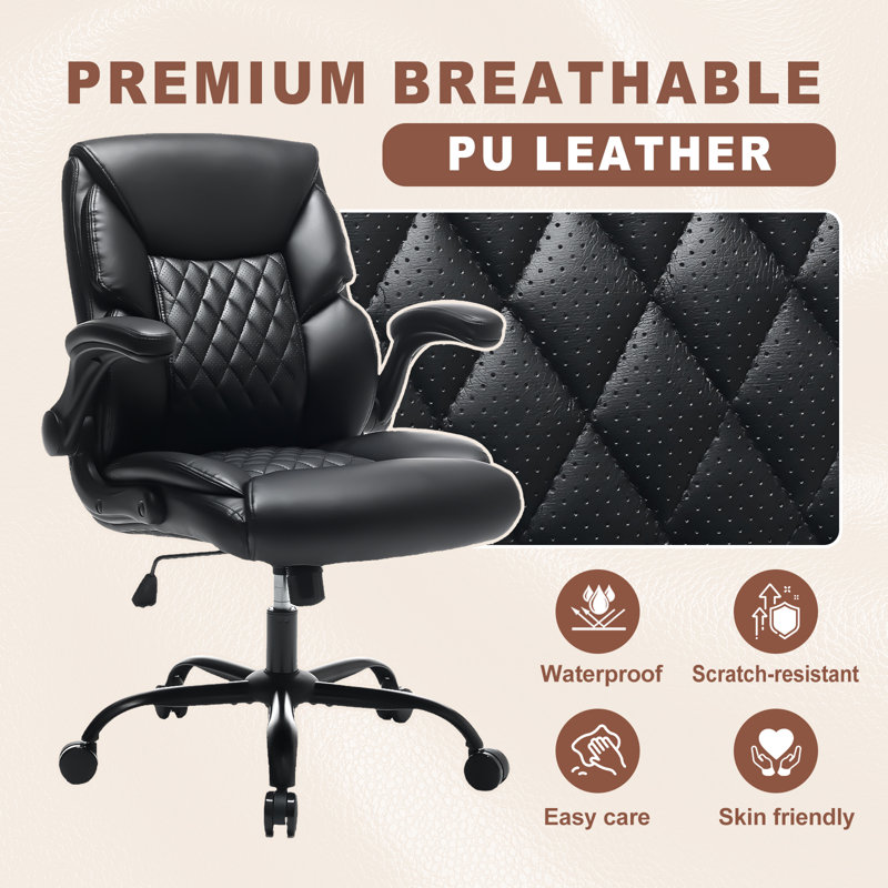 Executive Office Chair PU Leather Office Chair with Wheels, 360°Swivel Rolling Small Desk Chairs with Padded Arms, Ergonomic Computer Chair with Lumbar Support for Short People Use| Black