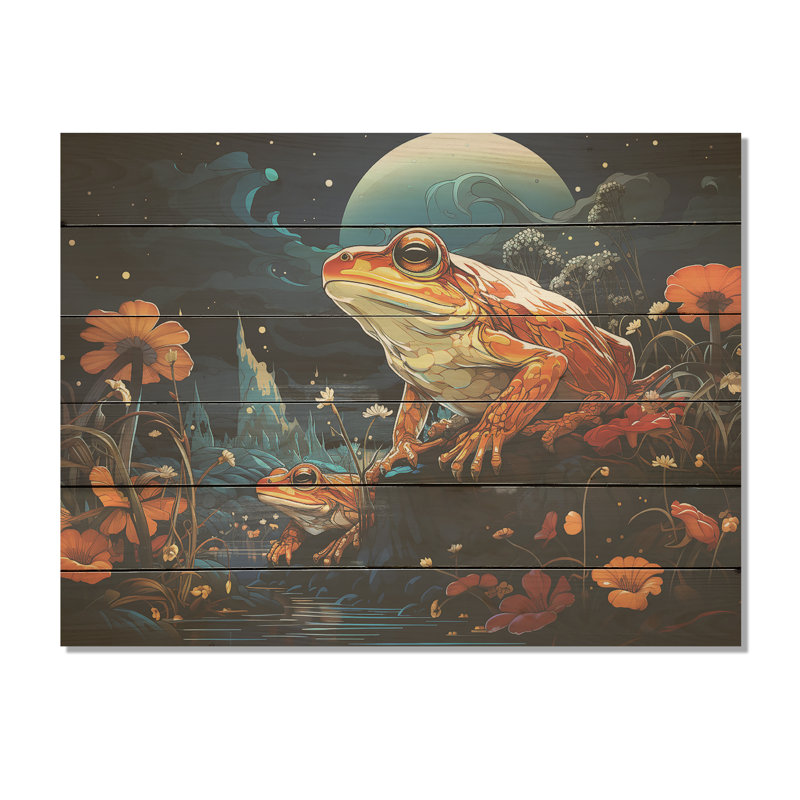 Art mural grenouille cosmique - grenouilles et crapauds sur bois de pin naturel, H 24 po x l 32 po