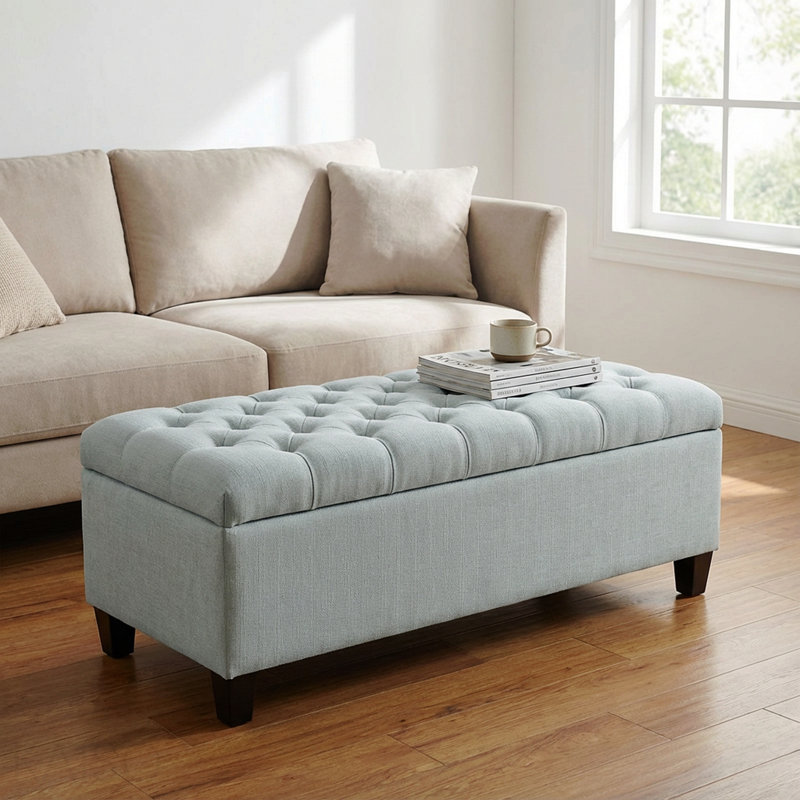 Banc de rangement avec repose-pieds, charnières de sécurité - bleu bébé