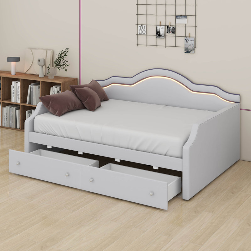 Lit de jour simple tapissier avec lumières DEL et 2 tiroirs de rangement, idéal pour chambre d'amis / petit espace, Beige