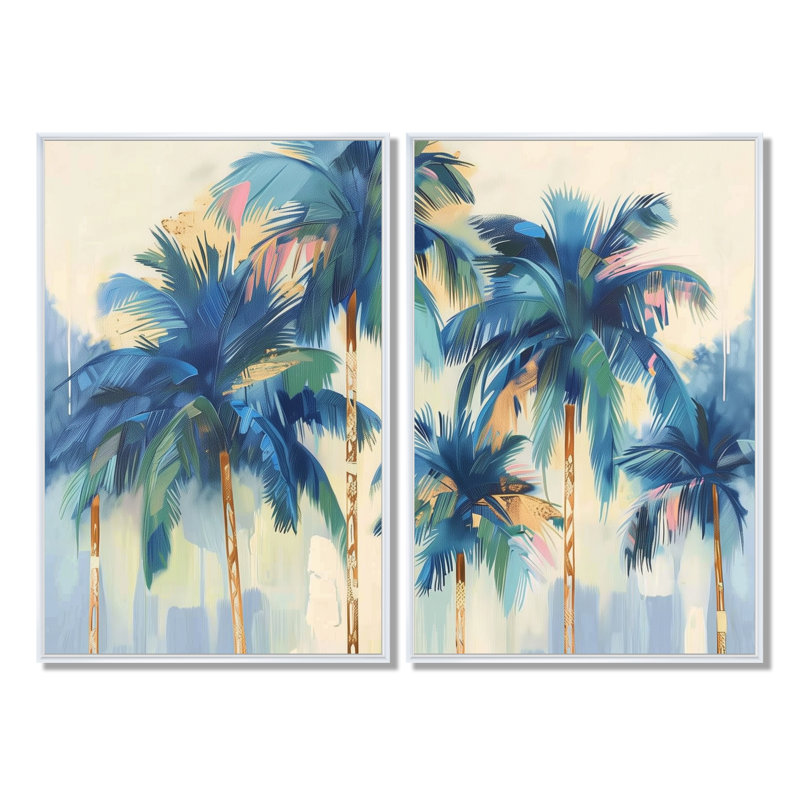 «Blue and Gold Palm Tree Forest I», art mural sur toile bleue 2 pièces, H 36 po x l 48 po, Impression encadrée flottante