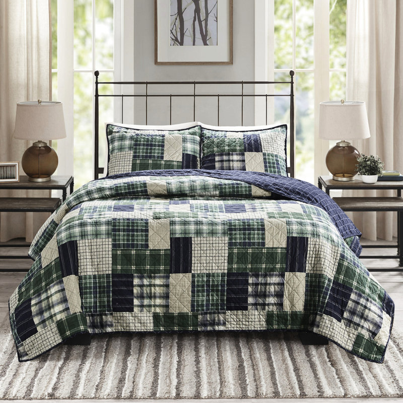 Courtepointe double / grand / marine, réversible avec patchwork et tissu écossais, 10% autres fibres, taies décoratives à fermeture à glissière bleu marine pour lit double / grand, motifs écossais, rembourrage en coton, fermeture à glissière facile à utiliser