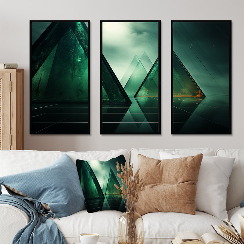 «Green Abstract Echoes Of Pyramid IV», art mural géométrique, Cadre flottant noir, H 32 po x l 48 po x P 1 po