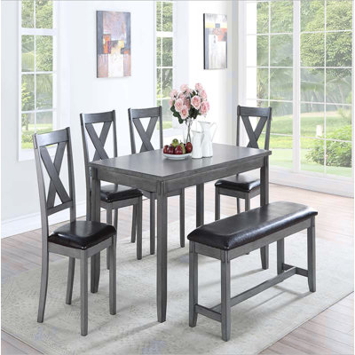 Mobilier de salle à manger décontracté moderne 6 pièces table de salle à manger 4 chaises d'appoint et un banc en bois d'hévéa et placages de bouleau gris