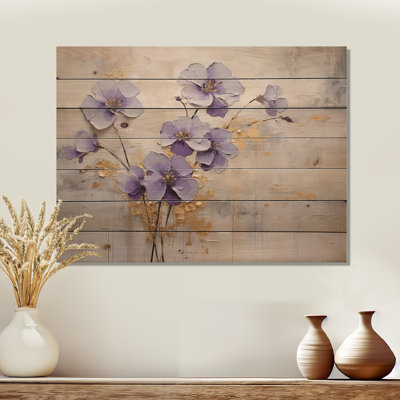 Purple And Gold Adorned Violets Meadow I - Violets Wood Panel Wall Art On Natural Pine Wood