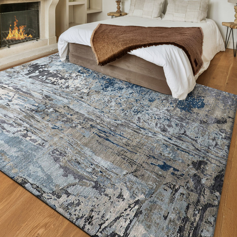 Tapis argent et bleu noué à la main de haute qualité, Rectangle 8 pi 11 po x 11 pi 11 po