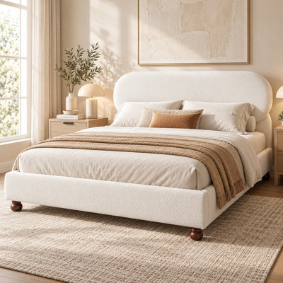 Lit plateforme Velrissa en tissu bouclé crème, cadre de lit moderne et incurvé avec pieds en bois d'hévéa en forme de gourde et capacité de charge de 363 kg (800 lb).