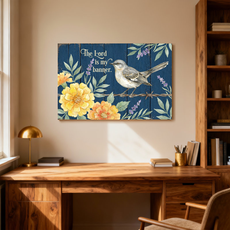 Texte et chiffres, oiseau sur un fil barbelé avec des fleurs et des feuilles, H 12 po x l 18 po