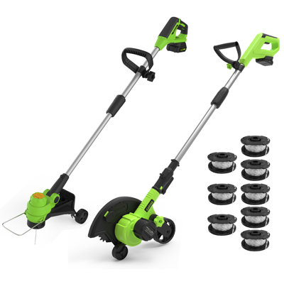 2290U 20V Cordless Grass Trimmer & Lawn Edger Combo, SY Lawn Edger 4.0Ah Battery, 12 Inch Weed Wacker 2Ah Battery, Electric Weed Eater with 8 Replacement Spools for Garden Maintenance, Green
