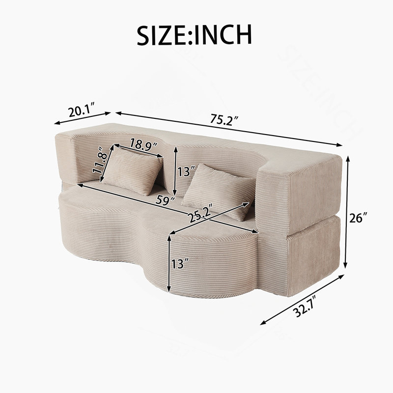 Canapé-lit pliable 2-en-1, canapé-lit convertible pliable sans os de 75 pouces, canapé-lit rembourré en mousse à mémoire de forme avec 2 coussins pour le salon