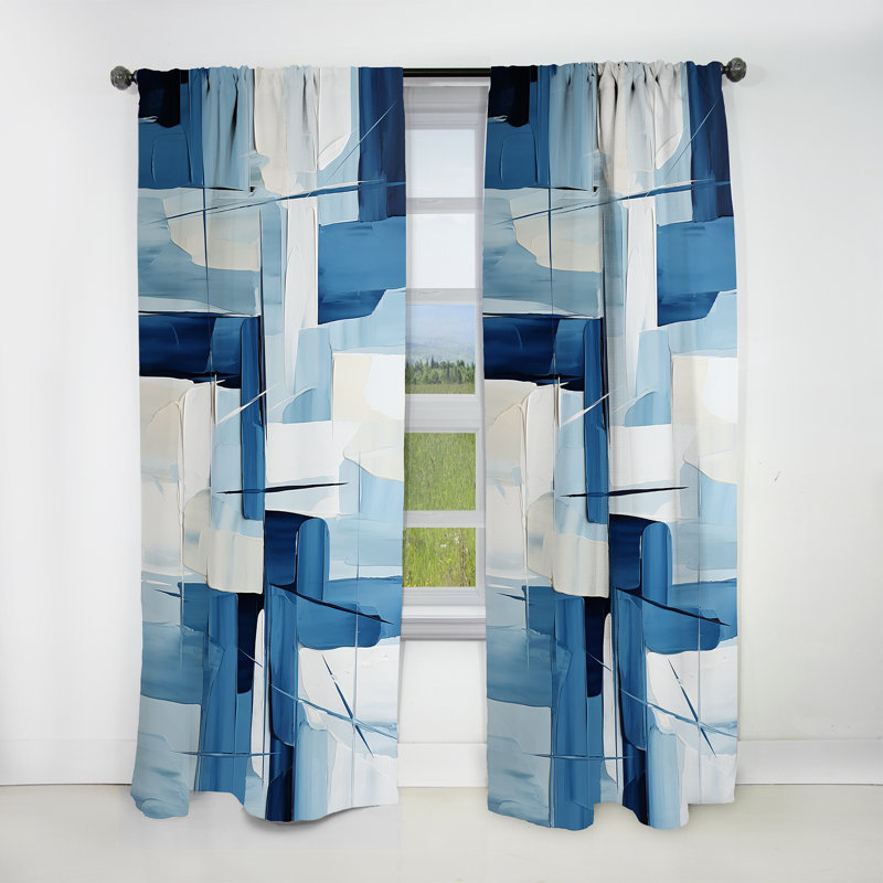 Geometric Curtain Panel, Nautical Blue White Pattern Blackout Decor - Nautical White And Blue Geometry Shapes II
