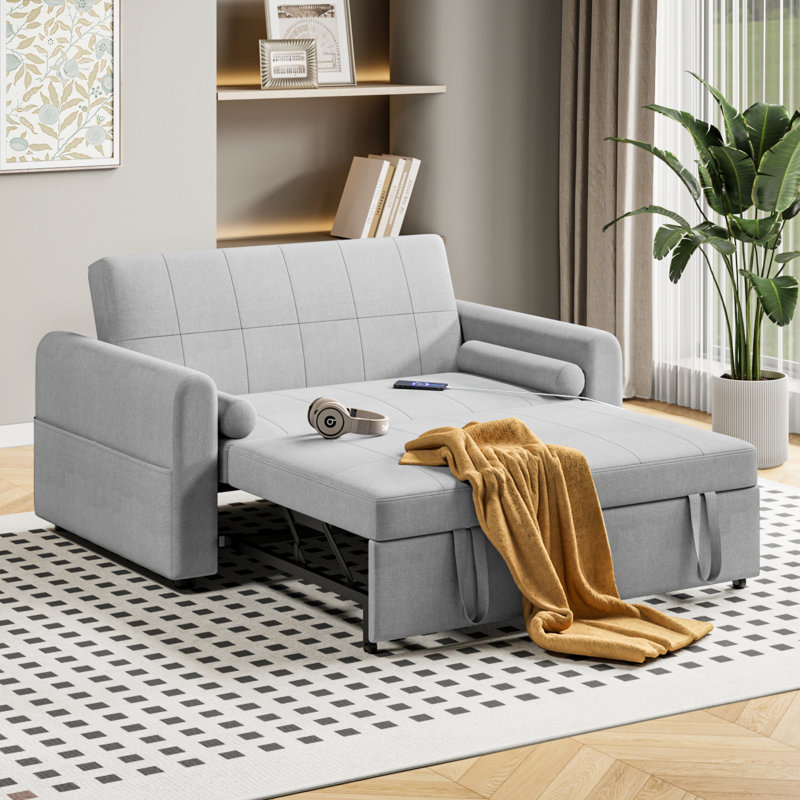 2 Seater Linen Sofa Bed, Light Grey