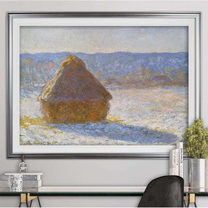 « haystack matin » par claude monet, reproduction de peinture à l’huile, H 24 po x l 32 po x P 1,5 po, Cadre argenté