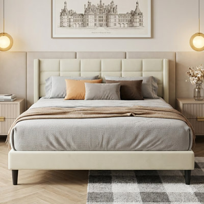 Platform Bed Frame With Upholstered Wingback Headboard
