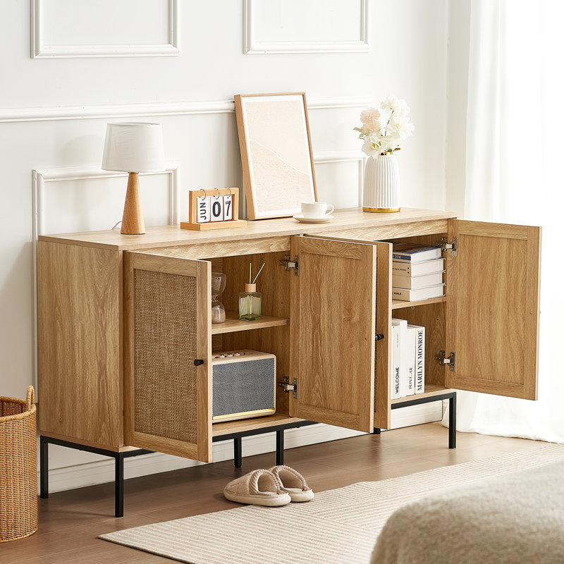 Natural Rattan Cabinet with Adjustable Shelves and Black Legs