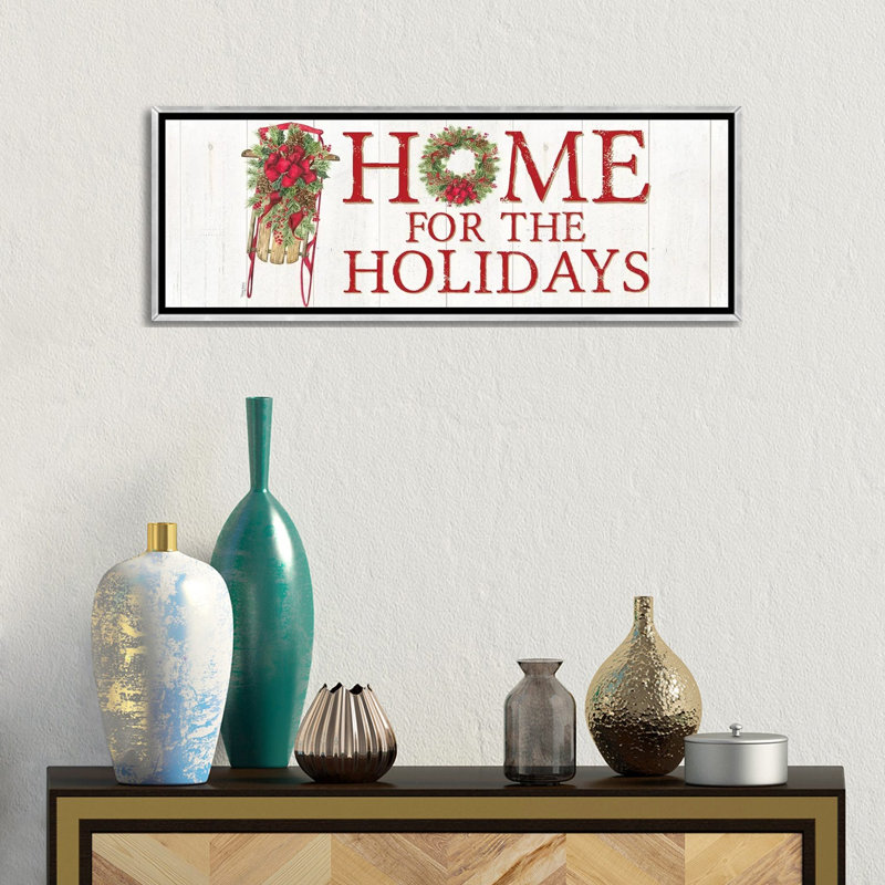 «Home for the Holiday» par Tara Reed - impression d'art textuel, H 12 po x l 36 po x 1,5 po, Toile avec cadre argenté