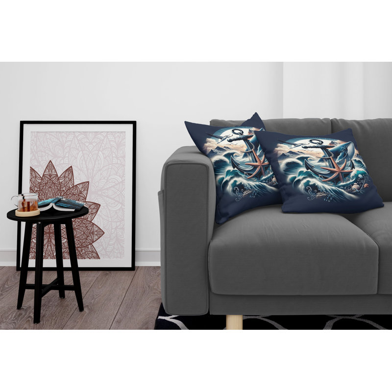 Nautical Indigo and Dark Salmon Microfiber Throw Pillow Covers, Set of 2