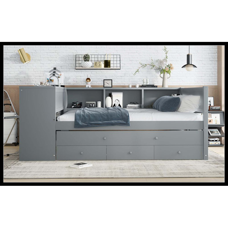Full Size Daybed With Trundle, Wood Day Bed Frame With Storage Drawers And Side Shelves, Daybed With Desk, No Spring Box Needed, Gray