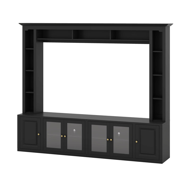 Meuble audio-vidéo 4 pièces, console multimédia avec tablette réglable et porte en verre trempé, Noir