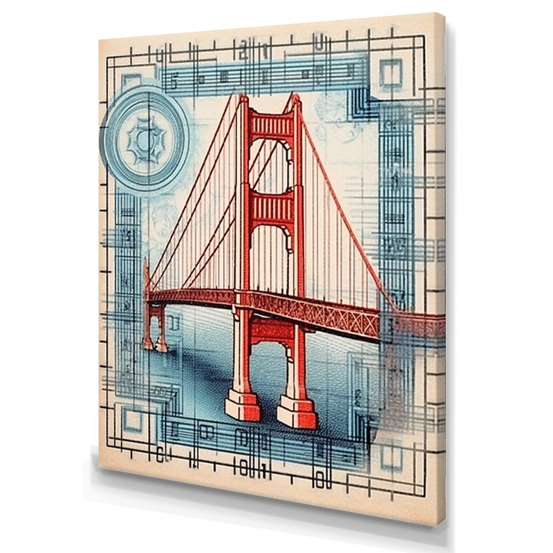 «Golden Gate San Francisco Retro Illustration I», reproduction sur toile, 32" H x 16" W, Toile tendue