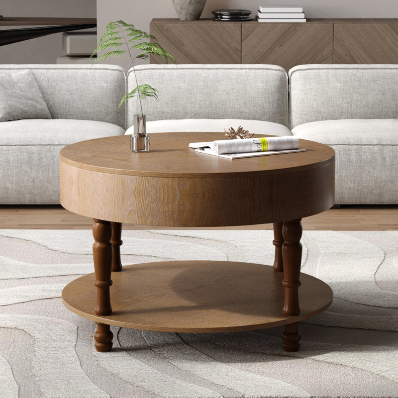 Table basse de salon, forme ronde de 31,5 po, double fonction de rangement, compartiment caché, base, glissières réglables, assemblage facile, noyer laqué