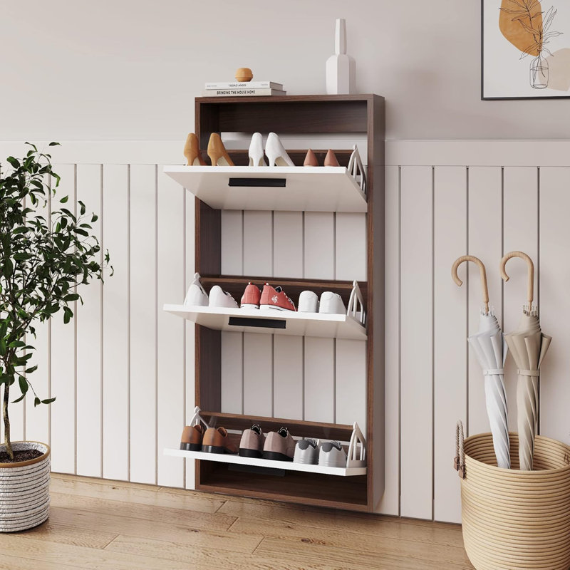 Latitude RunÂ® Shoe Cabinet , Wall Mounted Shoe Organizer With 3 Flip Drawers, Walnut/White, 43.3" H x 15.7" W x 6.3" D
