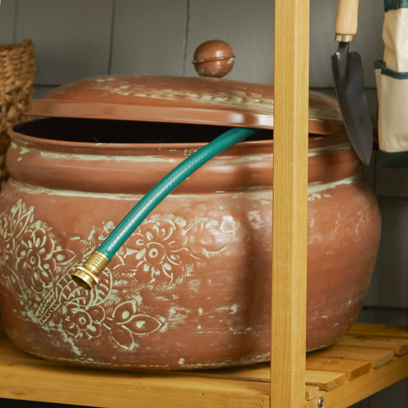 Copper and Green Patina Embossed Bird Hose Holder with Lid