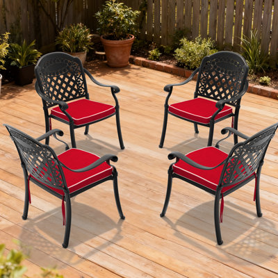 4 chaises de patio en fonte d'aluminium avec cadre noir, coussins rouges, lignes exquises et motifs de pétales, revêtement, accoudoirs confortables, empilable pour économiser de l'espace, nylon Pa66 résistant aux intempéries
