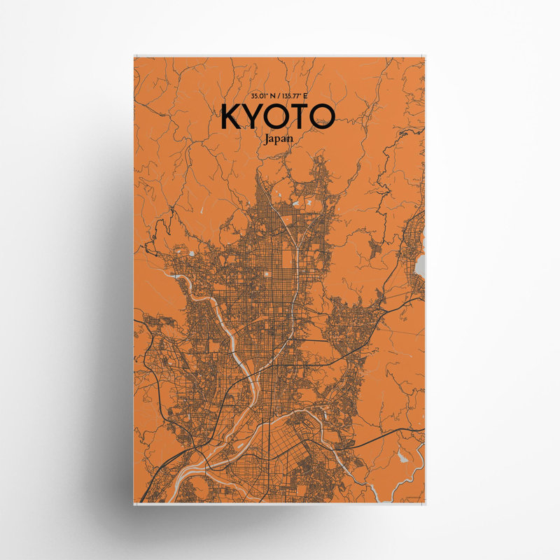 Kyoto City Map In Orange - No Frame Print, 17cm H x 11cm W x 0.05cm D
