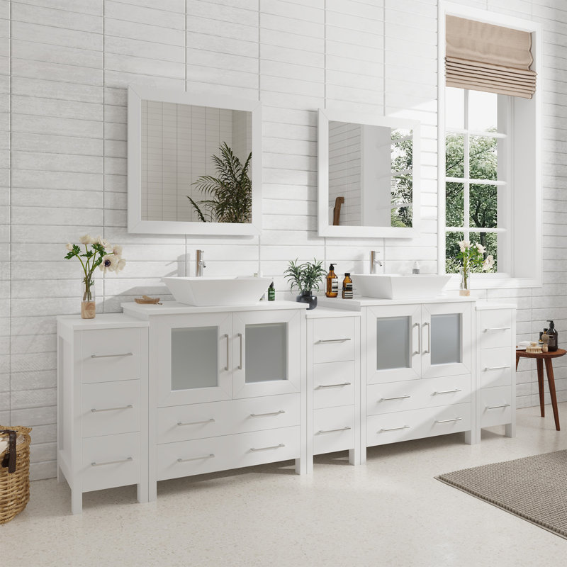  96" Double Bathroom Vanity Set with Mirror, White