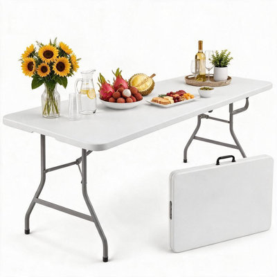 6FT Plastic Folding Table, Portable Picnic Table Outdoor and Indoor, Handle - White