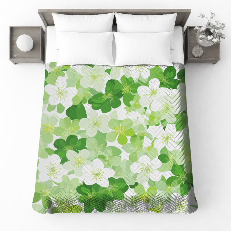 Couvre-lit matelassé vert et blanc à fleurs de toutes tailles, Grand lit