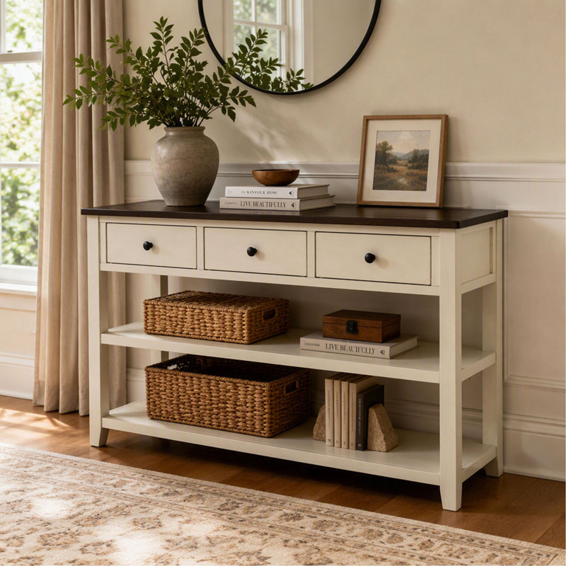 Console de style rétro avec 2 étagères ouvertes, structure en pin massif pour salon, Beige, espresso, Beige, espresso
