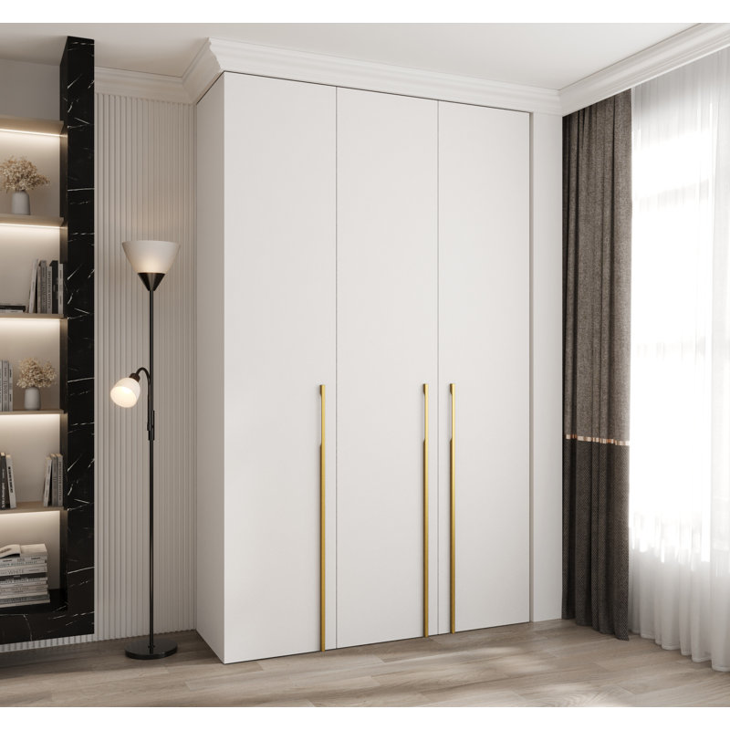 3 Door Manufactured Wood Wardrobe, white matt + handles: gold, 245,5 H x 150 W x 40 D