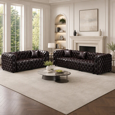 Ensemble de canapé moderne, canapé modulaire rembourré en similicuir 5 places avec conception touffetée à la main pure, 5 coussins, combinaison multiple pour le salon, brun foncé